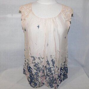 Carla Conti ivory silk abstract butterfly watercolour crochet lace cap sleeve L